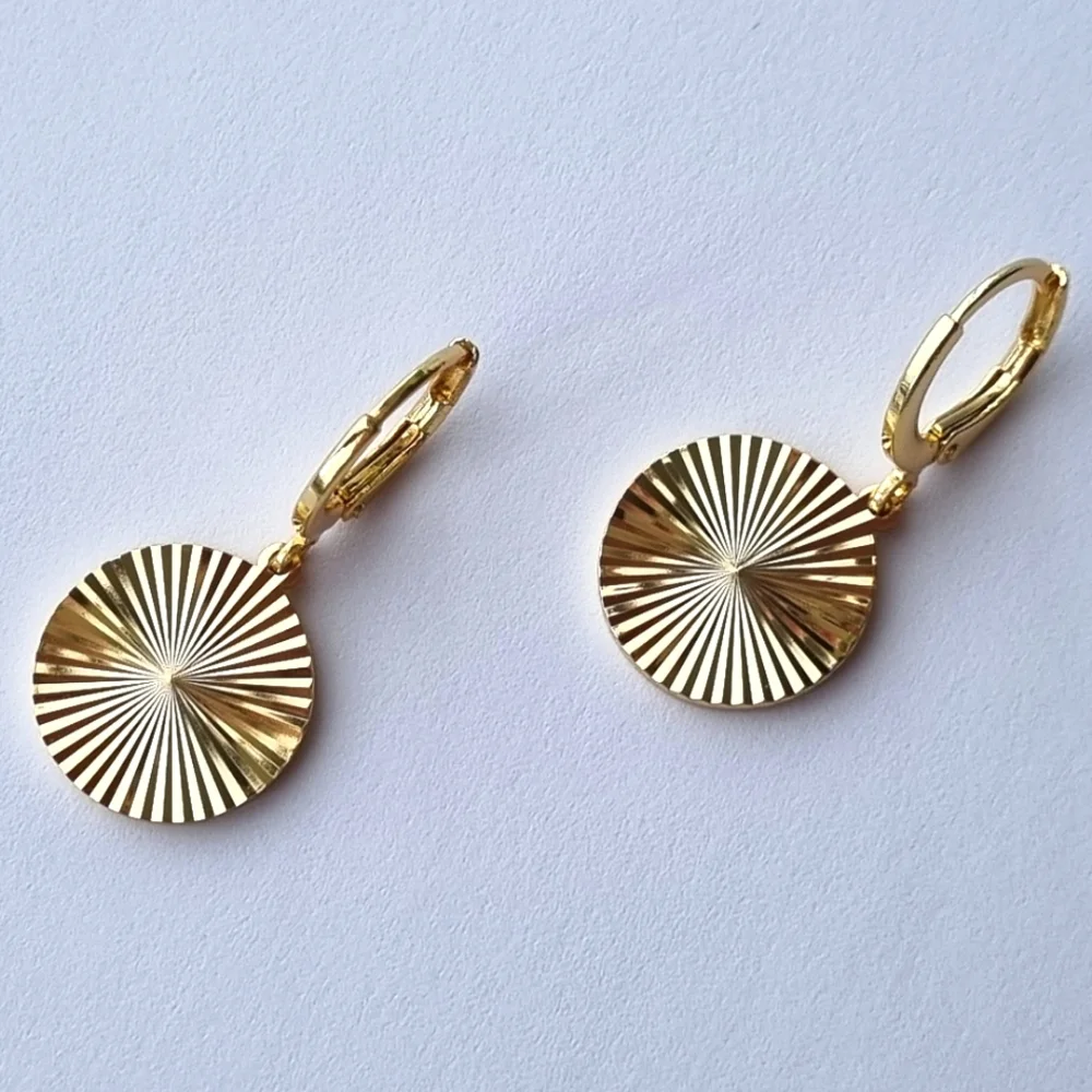 Earrings | Gold Toned | Round, Textured Sunburst | Huggies Hoop Drop Style. ๐ - Picture 7 of 16